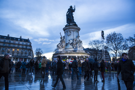 PARIS, FRANCE - January 10, 2016: ceremony to commemorate victims of the bombing and shooting rampage, commemoration of Charlie Hebdo terrorist attack and of Marches Republicaines demonstrationのeditorial素材
