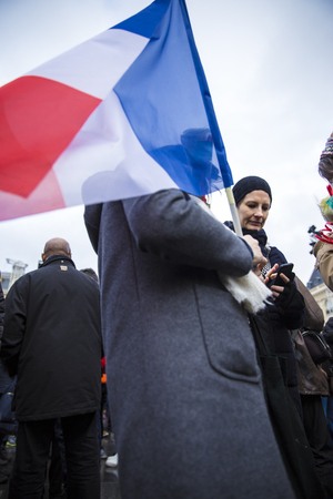 PARIS, FRANCE- January 10, 2016: Place de la Repbublique, ceremony to commemorate victims of the bombing and shooting rampage, Charlie Hebdo terrorist attack and "Marches Republicaines" demonstrationのeditorial素材