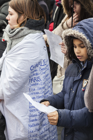 PARIS, FRANCE â January 10, 2016: ceremony to commemorate victims of the bombing and shooting rampage, commemoration of Charlie Hebdo terrorist attack and of Marches Republicaines demonstrationのeditorial素材