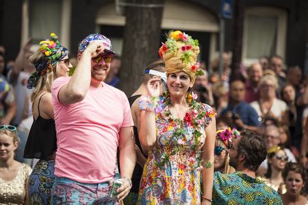 Amsterdam, Netherlands - August 1, 2015: participants in the annual event for the protection of human rights and civil equality - Gay Pride Parade on the Prinsengracht, Amsterdamのeditorial素材