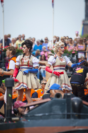 Amsterdam, Netherlands - August 1, 2015: participants in the annual event for the protection of human rights and civil equality - Gay Pride Parade on the Prinsengracht, Amsterdamのeditorial素材