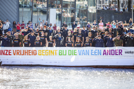 Amsterdam, the Netherlands â August 06, 2016: participants in the annual event for the protection of human rights and civil equality - Gay Pride Parade on the canals during Euro Pride 2016のeditorial素材