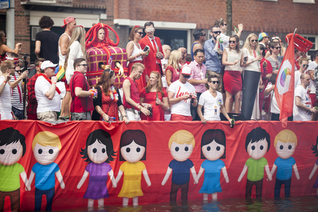 Amsterdam, Netherlands - August 1, 2015: participants in the annual event for the protection of human rights and civil equality - Gay Pride Parade on the Prinsengracht, Amsterdamのeditorial素材