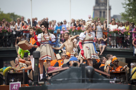 Amsterdam, Netherlands - August 1, 2015: participants in the annual event for the protection of human rights and civil equality - Gay Pride Parade on the Prinsengracht, Amsterdamのeditorial素材