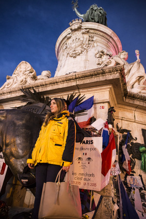 PARIS, FRANCE- January 10, 2016: Place de la Repbublique, ceremony to commemorate victims of the bombing and shooting rampage, Charlie Hebdo terrorist attack and "Marches Republicaines" demonstrationのeditorial素材