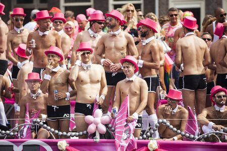 Amsterdam, Netherlands - August 1, 2015: participants in the annual event for the protection of human rights and civil equality - Gay Pride Parade on the Prinsengracht, Amsterdamのeditorial素材