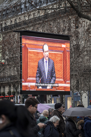 PARIS, FRANCE - January 10, 2016: ceremony to commemorate victims of the bombing and shooting rampage, commemoration of Charlie Hebdo terrorist attack and of Marches Republicaines demonstrationのeditorial素材