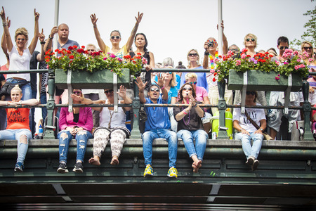 Amsterdam, Netherlands - August 1, 2015: participants in the annual event for the protection of human rights and civil equality - Gay Pride Parade on the Prinsengracht, Amsterdamのeditorial素材