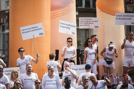 Amsterdam, Netherlands - August 1, 2015: participants in the annual event for the protection of human rights and civil equality - Gay Pride Parade on the Prinsengracht, Amsterdamのeditorial素材