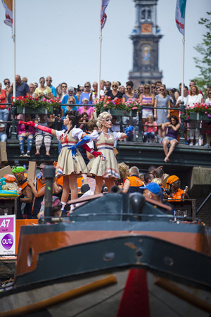 Amsterdam, Netherlands - August 1, 2015: participants in the annual event for the protection of human rights and civil equality - Gay Pride Parade on the Prinsengracht, Amsterdamのeditorial素材