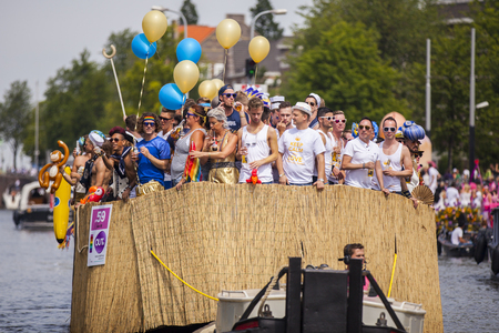 Amsterdam, Netherlands - August 1, 2015: participants in the annual event for the protection of human rights and civil equality - Gay Pride Parade on the Prinsengracht, Amsterdamのeditorial素材