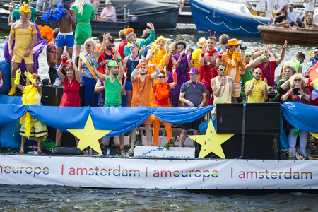 Amsterdam, the Netherlands - August 06, 2016: participants in the annual event for the protection of human rights and civil equality - Gay Pride Parade on the canals during Euro Pride 2016のeditorial素材