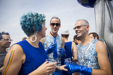 Amsterdam, Netherlands - August 1, 2015: participants in the annual event for the protection of human rights and civil equality - Gay Pride Parade on the Prinsengracht, Amsterdamのeditorial素材