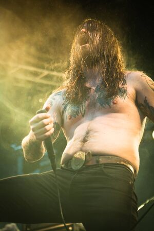 Traena, Norway - July 11: during the concert of the Norwegian band " Kvelertak" at the Traenafestival, music festival taking place on the small island of Traena in Norway.のeditorial素材