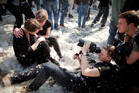Amsterdam, The Netherlands, Noord Holland - Saturday, April 5 2014 - Pillow Fight on Dam Squareのeditorial素材