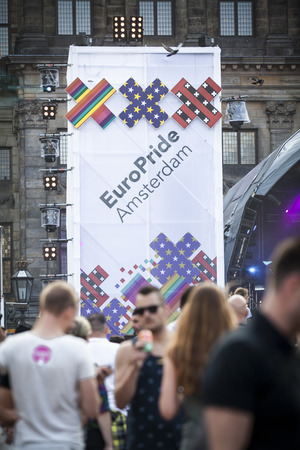 Amsterdam, the Netherlands - July23, 2016: opening party on Dam square during Pink Saturday celebrations of the Gay EuroPrideのeditorial素材
