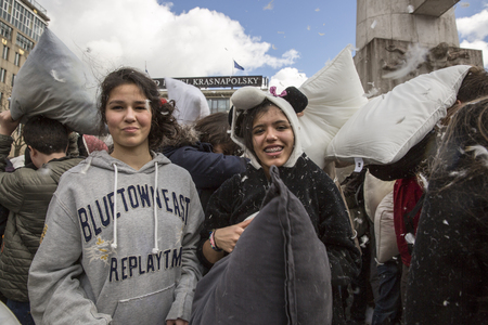 Amsterdam, The Netherlands, Noord Holland - Saturday, April 4 2015 - Pillow Fight on Dam Square as part of the international pillow fight day held in several cities in the worldのeditorial素材