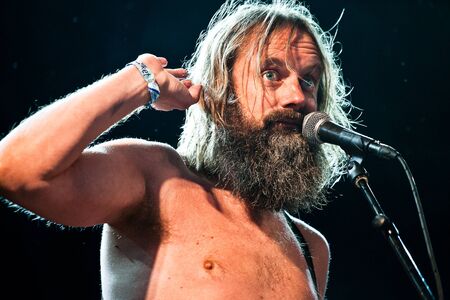 Traena, Norway - July 12: during the concert of the Norwegian comedian and musician Egil Hegerberg (Bare Egil Band) at the Traenafestival, music festival taking place on the small island of Traena in Norway.のeditorial素材