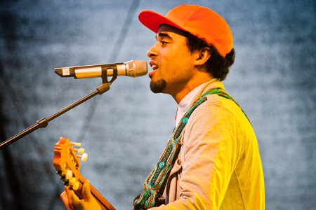 Traena, Norway - July 13: during the concert of the German musician and singer Patrice at the Traenafestival, music festival taking place on the small island of Traena in Norway.のeditorial素材