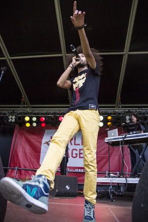 Amsterdam, The Netherlands - July, 3 2016: concert of alternative Electro-Hip Hop Moroccan band N3rdistan at Amsterdam Roots Open Air, free public cultural festival held in Oosterparkのeditorial素材