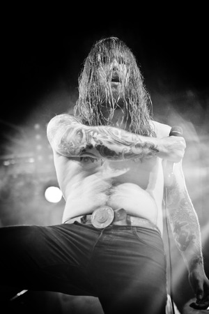 Traena, Norway - July 11: during the concert of the Norwegian band " Kvelertak" at the Traenafestival, music festival taking place on the small island of Traena in Norway.のeditorial素材
