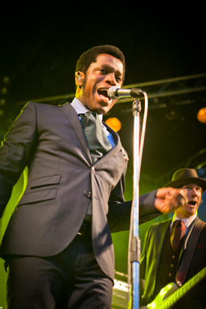 Traena, Norway - 2013 July 11 : during the concert of the American blues rock band " Vintage Trouble" at the Traenafestival, music festival taking place on the small island of Traena in Norway.のeditorial素材