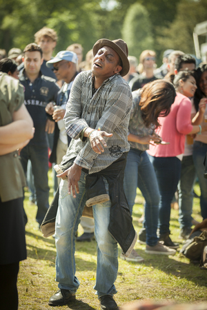 Amsterdam, The Netherlands - July, 3 2016: man dancing during concert of alternative Algerian band Djmawi Africa at Amsterdam Roots Open Air, free public cultural festival held in Oosterparkのeditorial素材