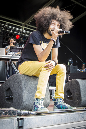 Amsterdam, The Netherlands - July, 3 2016: concert of alternative Electro-Hip Hop Moroccan band N3rdistan at Amsterdam Roots Open Air, free public cultural festival held in Oosterparkのeditorial素材