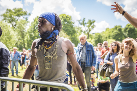 Amsterdam, The Netherlands - July, 3 2016: audience at concert of alternative Electro-Hip Hop Moroccan band N3rdistan at Amsterdam Roots Open Air, free public cultural festival held in Oosterparkのeditorial素材