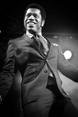 Traena, Norway - 2013 July 11 : during the concert of the American blues rock band " Vintage Trouble" at the Traenafestival, music festival taking place on the small island of Traena in Norway.のeditorial素材