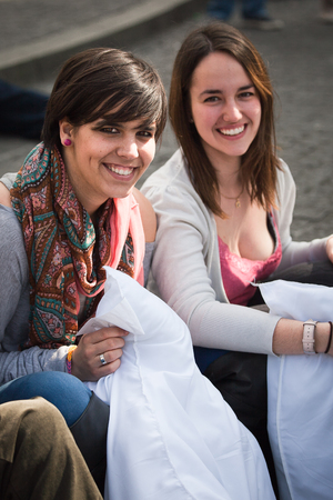 Amsterdam, The Netherlands, Noord Holland - Saturday, April 5 2014 - Pillow Fight on Dam Squareのeditorial素材
