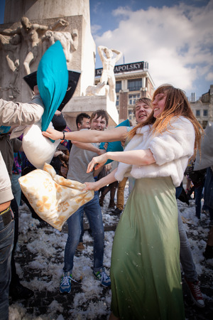 Amsterdam, The Netherlands, Noord Holland - Saturday, April 5 2014 - Pillow Fight on Dam Squareのeditorial素材