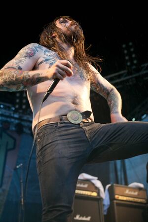 Traena, Norway - July 11: during the concert of the Norwegian band " Kvelertak" at the Traenafestival, music festival taking place on the small island of Traena in Norway.のeditorial素材