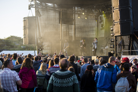 Traena, Norway - July 11 2014: during the concert of the Norwegian band Ida Maria  at the Traenafestival, music festival taking place on the small island of Traenaのeditorial素材