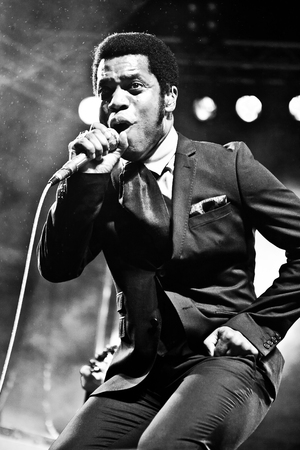 Traena, Norway - July 11: during the concert of the American blues rock band " Vintage Trouble" at the Traenafestival, music festival taking place on the small island of Traena in Norway.のeditorial素材