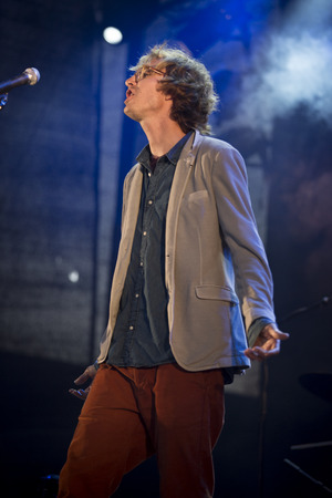 Traena, Norway - July 11 2014: during the concert of the Norwegian singer and guitarist Erlend Oyefeaturing the Icelandic band Hjalmarat the Traenafestival, music festival taking place on the small island of Traenaのeditorial素材