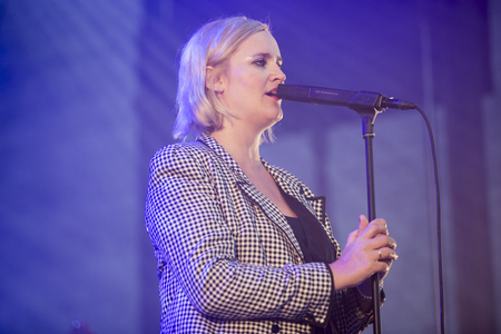 Traena, Norway - July 10 2013: during the concert of the Norwegian singer Hekla Stalstrenga at the Traenafestival, music festival taking place on the small island of Traenaのeditorial素材