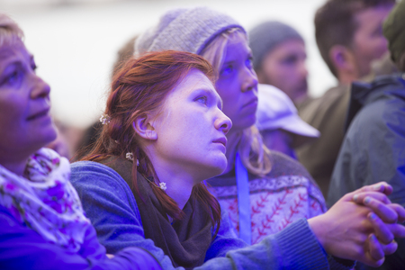 Traena, Norway - July 10 2013: during the concert of the Norwegian singer Hekla Stalstrenga at the Traenafestival, music festival taking place on the small island of Traenaのeditorial素材