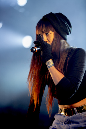 Traena, Norway - July 12 2014: during the concert of the Danish electro-rap singer Linkoban at the Traenafestival, music festival taking place on the small island of Traenaのeditorial素材