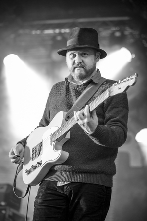 Traena, Norway - July 11 2014: during the concert of the Norwegian singer and guitarist Erlend Oyefeaturing the Icelandic band Hjalmarat the Traenafestival, music festival taking place on the small island of Traenaのeditorial素材