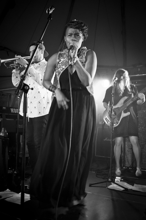 Traena, Norway - July 11 2014: at the concert of the Norwegian electronic soul singer Nosizwe at the Traenafestival, music festival taking place on the small island of Traenaのeditorial素材