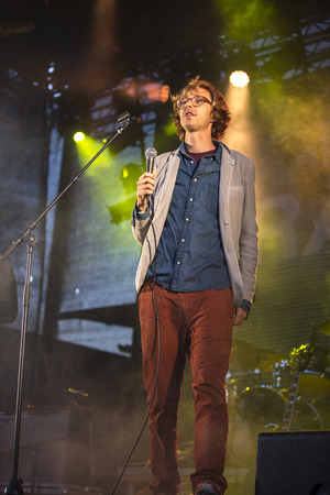 Traena, Norway - July 11 2014: during the concert of the Norwegian singer and guitarist Erlend Oyefeaturing the Icelandic band Hjalmarat the Traenafestival, music festival taking place on the small island of Traenaのeditorial素材