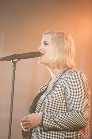 Traena, Norway - July 10 2013: during the concert of the Norwegian singer Hekla Stalstrenga at the Traenafestival, music festival taking place on the small island of Traenaのeditorial素材