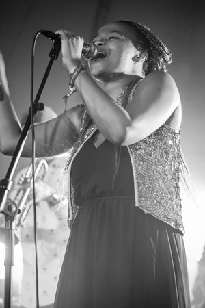 Traena, Norway - July 11 2014: at the concert of the Norwegian electronic soul singer Nosizwe at the Traenafestival, music festival taking place on the small island of Traenaのeditorial素材