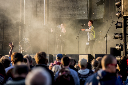 Traena, Norway - July 11 2014: during the concert of the Norwegian band Ida Maria  at the Traenafestival, music festival taking place on the small island of Traenaのeditorial素材