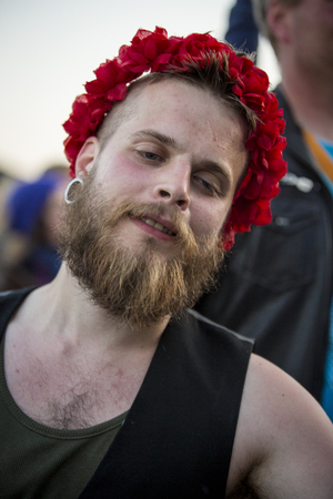 Traena, Norway - July 12 2014: during the concert of the Icelandic singer Mugison at the Traenafestival, music festival taking place on the small island of Traenaのeditorial素材