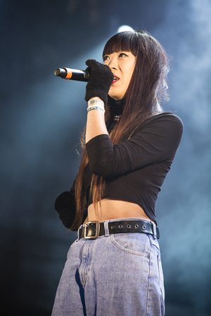Traena, Norway - July 12 2014: during the concert of the Danish electro-rap singer Linkoban at the Traenafestival, music festival taking place on the small island of Traenaのeditorial素材