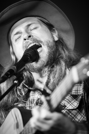 Traena, Norway - July 10 2014: during the concert of the indie-folk band from Berlin Mighty Oaks at the Traenafestival, music festival taking place on the small island of Traenaのeditorial素材