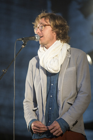 Traena, Norway - July 11 2014: during the concert of the Norwegian singer and guitarist Erlend Oyefeaturing the Icelandic band Hjalmarat the Traenafestival, music festival taking place on the small island of Traenaのeditorial素材