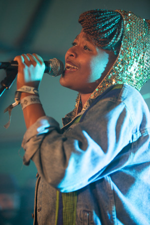 Traena, Norway - July 11 2014: at the concert of the Norwegian electronic soul singer Nosizwe at the Traenafestival, music festival taking place on the small island of Traenaのeditorial素材
